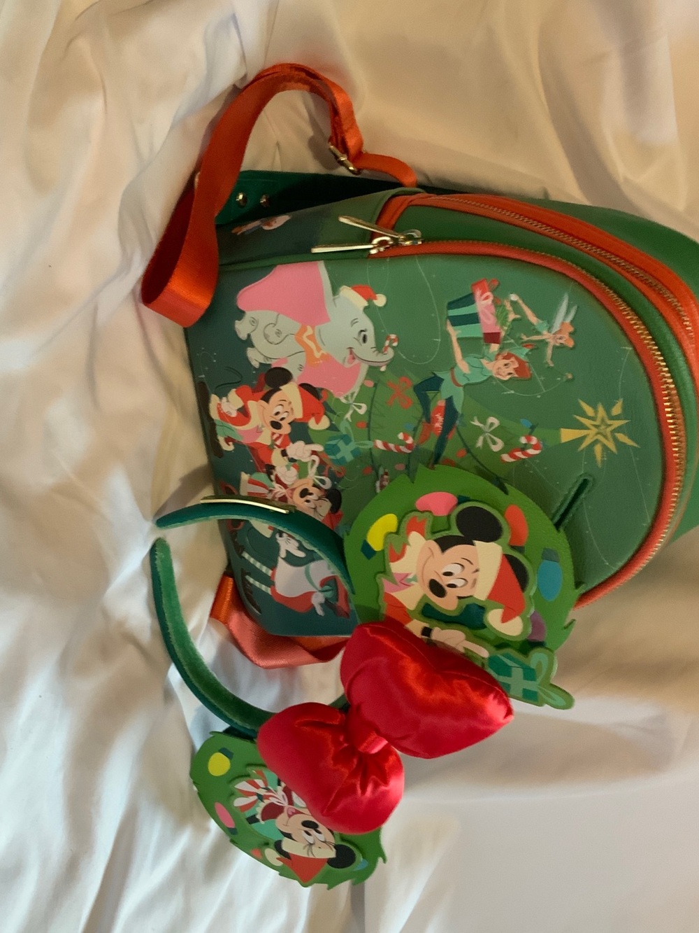 Loungefly Disney Green Holiday Character Mini Backpack with Disney ears